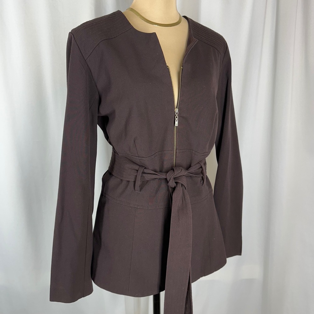 Sandra Darren Brown Belted Zip Front Jacket Size‎ 12 Collarless